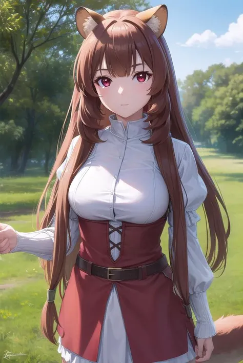 raphtalia, <lyco:raphtalia-lyco-nochekaiser:1>,
raphtalia, animal ears, brown hair, long hair, raccoon ears, raccoon girl, raccoon tail, (red eyes:1.5), tail,
BREAK arm garter, belt, brown belt, brown dress, dress, juliet sleeves, long sleeves, puffy sleeves, short dress,
BREAK looking at viewer,
BREAK outdoors, forest, nature, sun, sky, (cowboy shot:1.5),
BREAK <lyco:GoodHands-beta2:1>, (masterpiece:1.2), best quality, high resolution, unity 8k wallpaper, (illustration:0.8), (beautiful detailed eyes:1.6), extremely detailed face, perfect lighting, extremely detailed CG, (perfect hands, perfect anatomy),