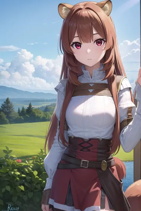 raphtalia, <lyco:raphtalia-lyco-nochekaiser:1>,
raphtalia, animal ears, brown hair, long hair, raccoon ears, raccoon girl, raccoon tail, (red eyes:1.5), tail,
BREAK arm garter, belt, brown belt, brown dress, dress, juliet sleeves, long sleeves, puffy sleeves, short dress,
BREAK looking at viewer,
BREAK outdoors, forest, nature, sun, sky, (cowboy shot:1.5),
BREAK <lyco:GoodHands-beta2:1>, (masterpiece:1.2), best quality, high resolution, unity 8k wallpaper, (illustration:0.8), (beautiful detailed eyes:1.6), extremely detailed face, perfect lighting, extremely detailed CG, (perfect hands, perfect anatomy),