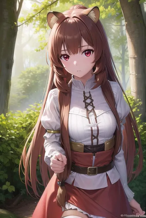 raphtalia, <lyco:raphtalia-lyco-nochekaiser:1>,
raphtalia, animal ears, brown hair, long hair, raccoon ears, raccoon girl, raccoon tail, (red eyes:1.5), tail,
BREAK arm garter, belt, brown belt, brown dress, dress, juliet sleeves, long sleeves, puffy sleeves, short dress,
BREAK looking at viewer,
BREAK outdoors, forest, nature, sun, sky, (cowboy shot:1.5),
BREAK <lyco:GoodHands-beta2:1>, (masterpiece:1.2), best quality, high resolution, unity 8k wallpaper, (illustration:0.8), (beautiful detailed eyes:1.6), extremely detailed face, perfect lighting, extremely detailed CG, (perfect hands, perfect anatomy),