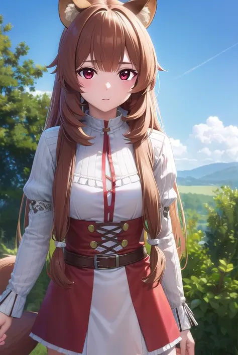 raphtalia, <lyco:raphtalia-lyco-nochekaiser:1>,
raphtalia, animal ears, brown hair, long hair, raccoon ears, raccoon girl, raccoon tail, (red eyes:1.5), tail,
BREAK arm garter, belt, brown belt, brown dress, dress, juliet sleeves, long sleeves, puffy sleeves, short dress,
BREAK looking at viewer,
BREAK outdoors, forest, nature, sun, sky, (cowboy shot:1.5),
BREAK <lyco:GoodHands-beta2:1>, (masterpiece:1.2), best quality, high resolution, unity 8k wallpaper, (illustration:0.8), (beautiful detailed eyes:1.6), extremely detailed face, perfect lighting, extremely detailed CG, (perfect hands, perfect anatomy),