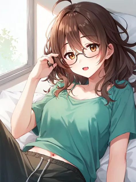 Giant girl standing with doll, Green shirt, White bottoms overlooking, smug, Brown hair, Blushing, busty, in bed, Teen, Cute, hair messy, On Kunes, Fenestration, Anime, busty, Sexy, huge tit, Petite, Cute, Glasses, Playful, smug, Long legs, Tight clothes, thighs thighs thighs thighs, huge tit, Hot, Anime, Studio Ghibli, Growing, Oversized clothes, Laying down, hand on the breasts, human - shaped, Looking down, der riese, Size difference, Huge Girl