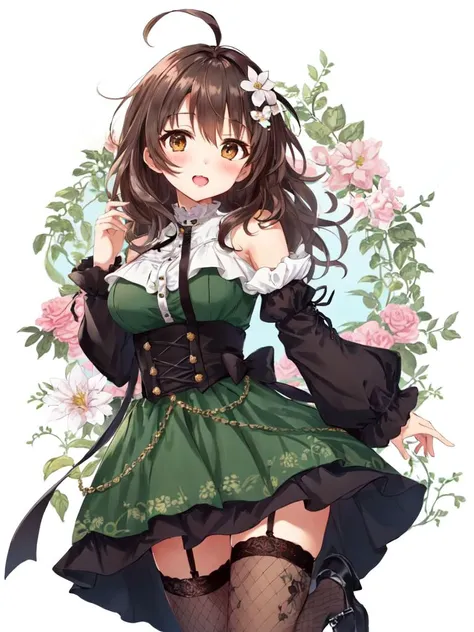 long reddish-brown hair that reaches to the top of her back. The hair is silky and has a little wave. She wears a green bow in her hair, tied just above the nape of the neck, with a black hairpin that holds it in place. His eyes are a vibrant brown that shine with curiosity and energy.. He has a small face with high cheeks and a small nose. Her lips are pink and full, often curved into a cute smile or pout. Rose's skin is soft and creamy, with a slight hint of freckles on the bridge of her nose. Rose's outfit is as adorable as she is. He wears a white button-down shirt with billowy sleeves that have slight gathering at the cuffs.. The shirt is slightly unbuttoned at the top, revealing a glimpse of her soft, pale cleavage. about the shirt, She wears a dark blue blazer with gold buttons that hugs her figure perfectly.. Instead of a skirt or pants, Rose is wearing brown shorts with multiple pockets. The pockets are filled with various treasures such as stones, seashells and pieces of ribbon. Her legs are covered in thick green and brown striped socks which add to her whimsical charm.. Finally, he puts on a pair of red shoes with white details, completing her adorable head-to-toe ensemble.
