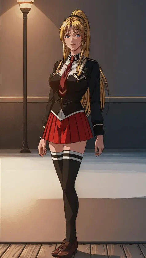 (Masterpiece, Best Quality, High Quality:1.4), professional artwork, Intricate Details, field of view, sharp focus, detailed painting, masterpiece, cinematic lighting, trending on pixiv, vivid lighting, vibrant colors, by Nagasawa Rosetsu, retro artstyle, rococo,
Saeki kaori, standing, japaneese street, evening, (full body shot:1.1),
blonde hair, long hair, ponytail, lipstick, makeup, ultra detail hair, ultra detail face, perfect eyes, perfect face, earring, brown eyes, Looking at Viewer, (flirting, smiling:1.1),
school_uniform, black thighhighs, red skirt, white shirt,
(Large Breasts:1.2), Cleavage, big ass, <lora:epi_noiseoffset2:1>, <lora:Kaori_Saeki_uniform1-000012:0.9>