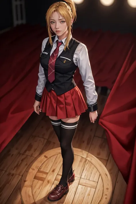 highres,absurdres,masterpiece,best quality,original,extremely detailed CG,extremely detailed wallpaper,perfect lighting,standing on the stage,blurry background,(from above),looking at viewer,
<lora:Kaori_Saeki_uniform1:0.7>,school uniform,red skirt,necktie,thighhighs,shirt,vest,strap,saeki kaori,blonde hair,ponytail,<lora:GoodHands-beta2:1>,