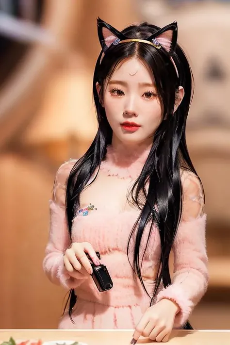 ultra realistic details, sharp focus, detailed skin, 1 Korean cute girl
(19 years old Korean girl:1.2), (kpop idol:1.2), (korean beauty:0.8),
(photorealistic:1.4),1girl, (masterpiece), best quality, highest quality pureerosface_v1simple background,(Wearing a female catuniform and a cat ears:1.4), (ultra high res,photorealistic,realistic,best quality,photo-realistic) bokeh, 8k uhd, dslr, soft lighting, high quality, film grain, masterpiece,ultra realistic,32k,extremely detailed CG unity 8k wallpaper, best quality