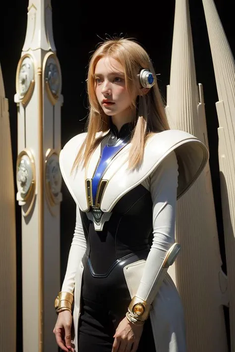 portrait of a woman 30 years old white woman she has very long wavy hair, she has blond hair, blue eyes, slim face and nose, slim, futurist royal dress and crown, she's holding a stall, mix of armor and dress, futurist crown with lights and diamonds, colorful vectors, dynamic lines, geometric shapes, gradient colors, futuristic, digital art, high-tech, vibrant hues, 3D rendering, complex design, symmetrical patterns, sun lights, glowing effects, sharp edges, vector graphics, vector art, motion blur, vector illustration, smooth curves, precise angles, precision rendering, modern aesthetics, sleek style, innovative composition, high-contrast, energy, kinetic, digital brushstrokes, surreal, chromatic aberration, artistry, professional quality, ultra-detailed, vivid colors, vibrant atmosphere, dynamic perspective