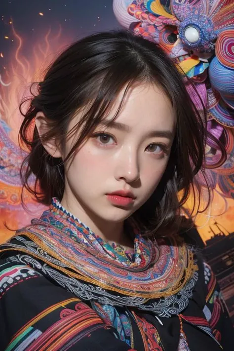 Generate text describing Arianna's paintings。Her work is full of passionate colors and unique shapes.、Grab the viewer's heart and keep them going.。Her work is like emotions and thoughts projected on a canvas.、Deeply impresses the viewer。In particular, please write in the image of her masterpiece.。