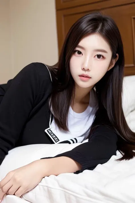 Kpop idol, laying on the bed, full body, school uniform, photorealistic, master piece
