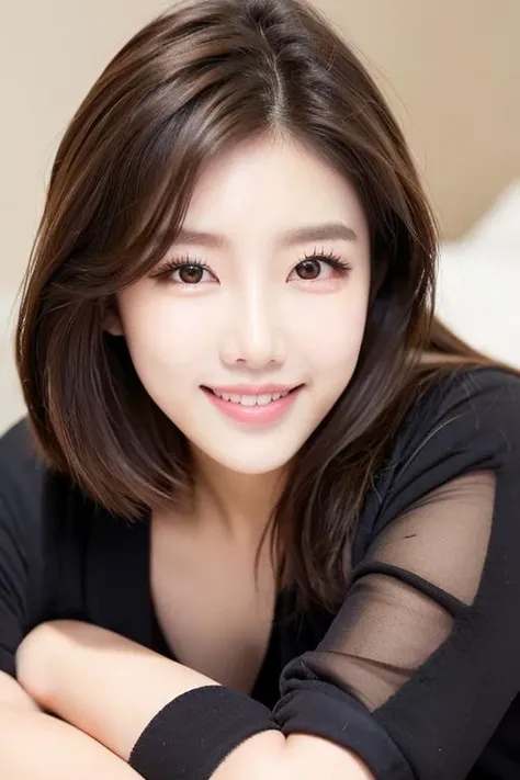 Kpop idol, laying on the bed, full body, school uniform, photorealistic, master piece, detailed face, smile