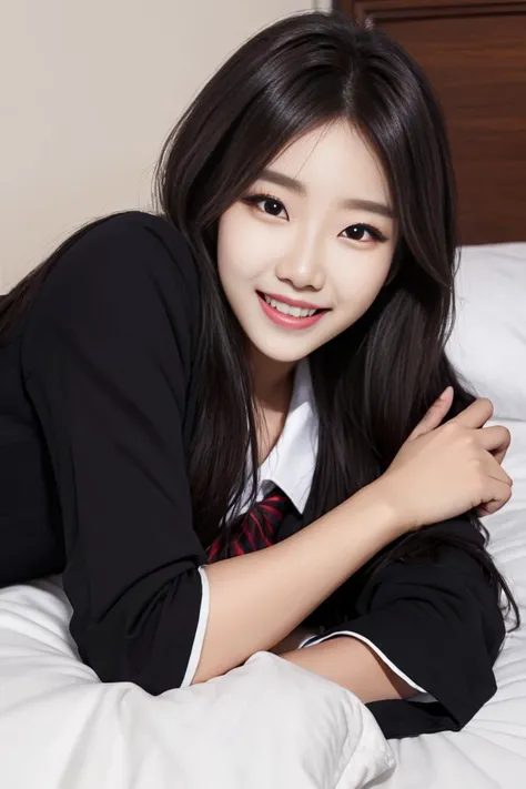 Kpop idol, laying on the bed, full body, school uniform, photorealistic, master piece, detailed face, happy smiling, <lora:TWbabe10:0.7>,