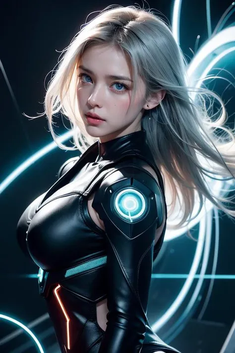 A charming girl suddenly appears from the future with electric shocks and plasma around her body and arms, style from The Terminator movies, lightening from the sky hitting her:1.5, a swirling vortex of energy shield seems to be brewing around her:1.5, floating hairs, windy, ((masterpiece)), (best quality), official art, extremely detailed CG, unity 8k wallpaper, (1girl:1.4), looking at viewer, short hairs, NSFW, water drops, power lines, painful, deserted factory, surreal, (((electricity:1.5, electric shock1:5, electrokinesis, light background))),electric aura:1.5, psychic, plasma, machinery, industrial pipe, computer, electric plug, air conditioner, explosion, burning, energy portal, neon dress, neon_outlines, (wind:1.3), long white hair, her silhouette defined by vibrant neon lines, stands amidst a swirling storm. Her blue eyes, filled with intense emotion, gaze towards a distant horizon. The scene captures a poignant moment of farewell, framed in a cinematic style. The atmosphere is charged with the electric buzz of the future, yet tinged with the melancholy of memories fading into the past., glove,
<lora:twbabe3:0.8>