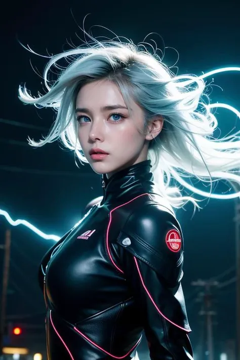 A charming girl suddenly appears from the future with electric shocks and plasma around her body and arms, style from The Terminator movies, lightening from the sky hitting her:1.5, a swirling vortex of energy shield seems to be brewing around her:1.5, floating hairs, windy, ((masterpiece)), (best quality), official art, extremely detailed CG, unity 8k wallpaper, (1girl:1.4), looking at viewer, short hairs, NSFW, water drops, power lines, painful, deserted factory, surreal, (((electricity:1.5, electric shock1:5, electrokinesis, light background))),electric aura:1.5, psychic, plasma, machinery, industrial pipe, computer, electric plug, air conditioner, explosion, burning, energy portal, neon dress, neon_outlines, (wind:1.3), long white hair, her silhouette defined by vibrant neon lines, stands amidst a swirling storm. Her blue eyes, filled with intense emotion, gaze towards a distant horizon. The scene captures a poignant moment of farewell, framed in a cinematic style. The atmosphere is charged with the electric buzz of the future, yet tinged with the melancholy of memories fading into the past., glove,
<lora:twbabe10:0.8>