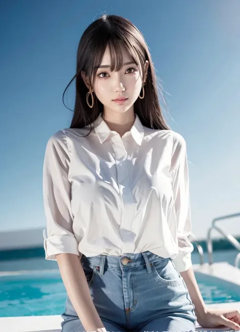 (goddess-like happiness:1.2), Kpop idol, smile, (RAW photo:1.2), (photorealistic:1.4), (masterpiece:1.3), (intricate details:1.2), delicate, beautiful detailed, (detailed eyes), (detailed facial features), (25 years old female with white dress shirt and denim chino shorts), dynamic pose, petite, small breasts, narrow waist, (looking_at_viewer:1.2), big circle earrings, slim_legs, (best quality:1.4), (ultra highres:1.2), cinema light, outdoors, (extreme detailed illustration), (lipgloss, eyelashes, best quality, ultra highres, depth of field, caustics, Broad lighting, natural shading, 85mm, f/1.4, ISO 200, 1/160s:0.75), <lora:TWbabe9:0.65>