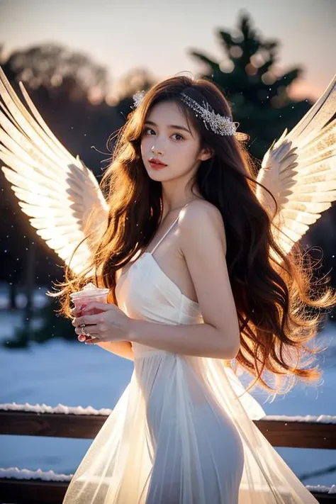 Photograph of a christmas angel, she has long curly hair mixed with multiple colors, her wings have beautiful golden details, Sheer fabric and transparent white dress, topless, bottom less, perfect features, perfect hands, hdr, intricate details, masterpiece, highly detailed, 35mm photograph, koda chrome, dslr, sharp focus, small breasts, NSFW, outdoors, snowing,
<lora:TWbabe3:0.4>
