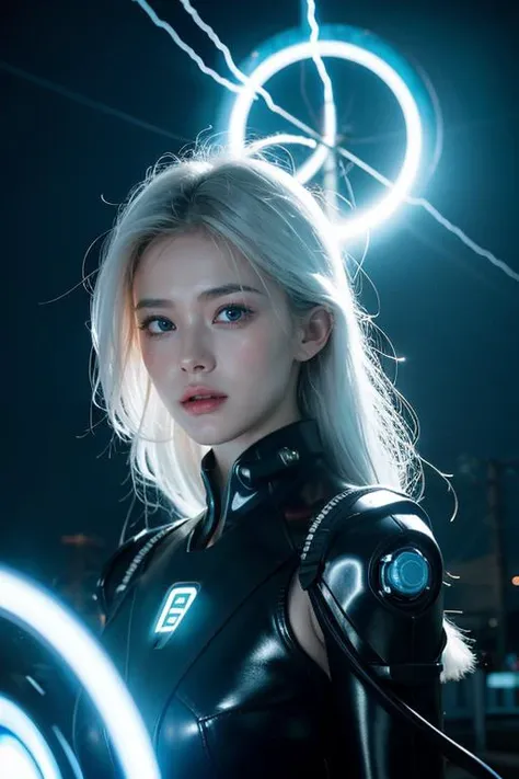 A charming girl suddenly appears from the future with electric shocks and plasma around her body and arms, style from The Terminator s, lightening from the sky hitting her:1.5, a swirling vortex of energy shield seems to be brewing around her:1.5, floating hairs, windy, ((masterpiece)), (best quality), official art, extremely detailed CG, unity 8k wallpaper, (1girl:1.4), looking at viewer, short hairs, NSFW, water drops, power lines, painful, deserted factory, surreal, (((electricity:1.5, electric shock1:5, electrokinesis, light background))),electric aura:1.5, psychic, plasma, machinery, industrial pipe, computer, electric plug, air conditioner, explosion, burning, energy portal, neon dress, neon_outlines, (wind:1.3), long white hair, her silhouette defined by vibrant neon lines, stands amidst a swirling storm. Her blue eyes, filled with intense emotion, gaze towards a distant horizon. The scene captures a poignant moment of farewell, framed in a cinematic style. The atmosphere is charged with the electric buzz of the future, yet tinged with the melancholy of memories fading into the past., glove,
<lora:twbabe7:0.8>