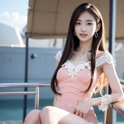 ((1 girl)), (goddess-like happiness:1.2), Kpop idol, smile, (RAW photo:1.2), (photorealistic:1.4), (masterpiece:1.3), (intricate details:1.2), delicate, beautiful detailed, (detailed eyes), (detailed facial features), (20 years old female with fashion clothes), tall female, petite, small breasts, narrow waist, (facing camera), (looking_at_viewer:1.3), from_front, big circle earrings, slim_legs, (best quality:1.4), (ultra highres:1.2), cinema light, outdoors, (extreme detailed illustration), (lipgloss, eyelashes, best quality, ultra highres, depth of field, caustics, Broad lighting, natural shading, 85mm, f/1.4, ISO 200, 1/160s:0.75)