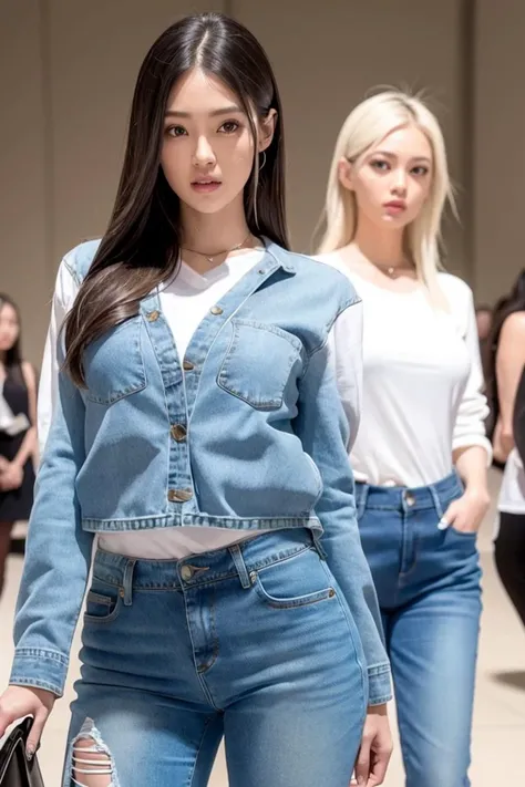 (goddess-like happiness:1.2), Kpop idol, skinny, floating hairs, (white shirt and denim pants:1.5) (near shot:1.2), (RAW photo:1.2), (photorealistic:1.4), (masterpiece:1.3), (intricate details:1.2), A stunning supermodel struts down the catwalk with confidence and poise. Her legs effortlessly carry her down the runway. She wears an elegant and stylish denim outfit that accentuates her curves and enhances her beauty. The fabric flows effortlessly as she moves, creating a mesmerizing visual display. As she reaches the end of the runway, she pauses and strikes a pose, showcasing her outfit from every angle. Her fierce gaze and confident demeanor leave a lasting impression on the audience as she turns and walks back down the runway, leaving a trail of admiration in her wake. Meanwhile, backstage, other models are preparing for their turn on the runway, putting finishing touches on their hair and makeup, and practicing their poses. The atmosphere is buzzing with energy and excitement as everyone works together to create a flawless and unforgettable show.