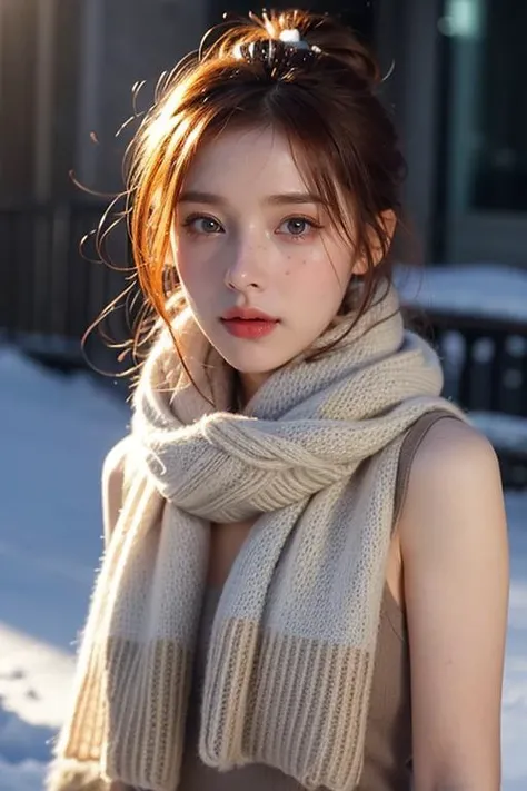 Face behind wooly scarf, Petite redhead Woman in snow, Freckles, face Closeup, face Hidden behind Pastell neon Striped wooly scarf, only blushed flirting eyes visible, looking at viewer, very Detailed, awesome Quality, reflecting, luminescent, translucent, Ethereal, Aura, 80s DARK dystopian Blade Runner Flair, very detailed, uhd, masterpiece, White smoke, light beams through smoke,<lora:TWbabe8:0.4>