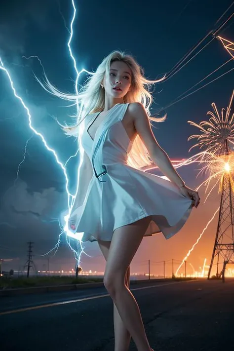 A charming girl suddenly appears from the future with electric shocks and plasma around her body and arms, style from The Terminator movies, lightening from the sky hitting her:1.5, a swirling vortex of energy shield seems to be brewing around her:1.5, floating hairs, windy, ((masterpiece)), (best quality), official art, extremely detailed CG, unity 8k wallpaper, (1girl:1.4), looking at viewer, short hairs, NSFW, water drops, power lines, painful, deserted factory, surreal, (((electricity:1.5, electric shock1:5, electrokinesis, light background))),electric aura:1.5, psychic, plasma, machinery, industrial pipe, computer, electric plug, air conditioner, explosion, burning, energy portal, neon dress, neon_outlines, (wind:1.3), long white hair, her silhouette defined by vibrant neon lines, stands amidst a swirling storm. Her blue eyes, filled with intense emotion, gaze towards a distant horizon. The scene captures a poignant moment of farewell, framed in a cinematic style. The atmosphere is charged with the electric buzz of the future, yet tinged with the melancholy of memories fading into the past., glove,
<lora:twbabe7:0.8>