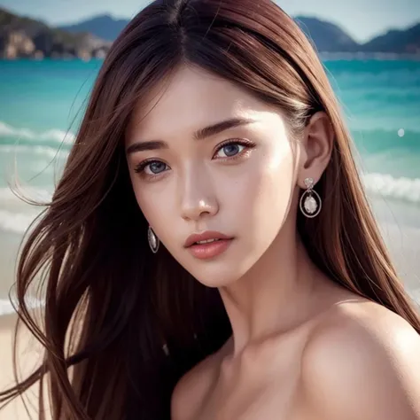 (goddess-like happiness:1.2), Kpop idol, floating hairs, brown eyes, (RAW photo:1.2), (photorealistic:1.4), (masterpiece:1.3), (intricate details:1.2), beautiful detailed, (detailed eyes), (detailed facial features), (25 years old female), petite, small breasts, narrow waist, (looking_at_viewer:1.4), from_front, slim_legs, (best quality:1.4), (ultra highres:1.2), cinema light, outdoors, (extreme detailed illustration), (lipgloss, eyelashes, best quality, ultra highres, depth of field, caustics, Broad lighting, natural shading, 85mm, f/1.4, ISO 200, 1/160s:0.75), (RAW photo, best quality), (realistic, photo-realistic:1.3), best quality ,masterpiece, an extremely delicate and beautiful, extremely detailed, unity, finely detail, masterpiece, best quality, extremely detailed CG unity 8k wallpaper, absurdres, incredibly absurdres, huge filesize , ultra-detailed, highres, extremely detailed, beautiful detailed girl, extremely detailed eyes and face, beautiful detailed eyes, light on face, straight-on, staring, long eyelashes, ocean