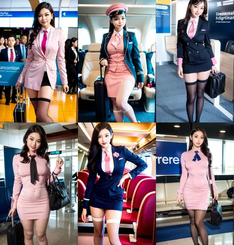 1girl,(flight attendant,travel attendant,uniform),airport,thighhighs,wide angle,full body,best quality, ultra high res, (photorealistic:1.4), light smile,(parted lips), pink lips, <lora:TWbabe2:0.7>