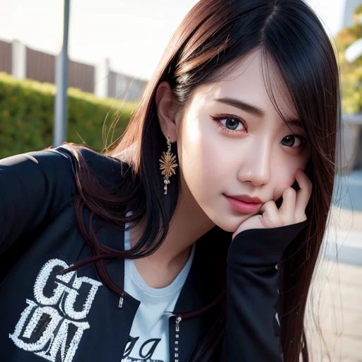 (goddess-like happiness:1.2), Kpop idol, (RAW photo:1.2), (photorealistic:1.4), (masterpiece:1.3), (intricate details:1.2), delicate, beautiful detailed, (detailed eyes), (detailed facial features), ((varsity jacket with tshirt inside:1.5)), tall female, petite, small breasts, narrow waist, skin tight, (looking_at_viewer), from_front, big circle earrings, slim_legs, (skinny), (best quality:1.4), (ultra highres:1.2), cinema light, outdoors, (extreme detailed illustration), (lipgloss, eyelashes, best quality, ultra highres, depth of field, caustics, Broad lighting, natural shading, 85mm, f/1.4, ISO 200, 1/160s:0.75) <lora:TWbabe6_2-000005:0.7>