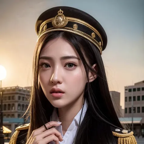 (goddess-like happiness:1.2), Kpop idol, full body, floating hairs, black eyes, (RAW photo:1.2), (photorealistic:1.4), (masterpiece:1.3), (intricate details:1.2),Military officer dress, beautiful detailed, (detailed eyes), (detailed facial features), (20 years old female), petite, small breasts, narrow waist, (looking_at_viewer:1.4), from_front, slim_legs, (best quality:1.4), (ultra highres:1.2), cinema light, outdoors, (extreme detailed illustration), (lipgloss, eyelashes, best quality, ultra highres, depth of field, caustics, Broad lighting, natural shading, 85mm, f/1.4, ISO 200, 1/160s:0.75)