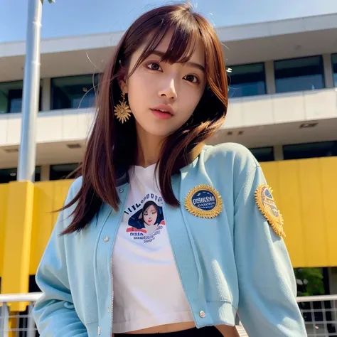 (goddess-like happiness:1.2), Kpop idol, Koean mix, (RAW photo:1.2), (photorealistic:1.4), (masterpiece:1.3), (intricate details:1.2), delicate, beautiful detailed, (detailed eyes), (detailed facial features), ((varsity jacket with tshirt inside:1.5)), tall female, petite, small breasts, narrow waist, skin tight, (looking_at_viewer), from_front, big circle earrings, slim_legs, (skinny), (best quality:1.4), (ultra highres:1.2),(dynamic pose:1.2), cinema light, outdoors, (extreme detailed illustration), (lipgloss, eyelashes, best quality, ultra highres, depth of field, caustics, Broad lighting, natural shading, 85mm, f/1.4, ISO 200, 1/160s:0.75)