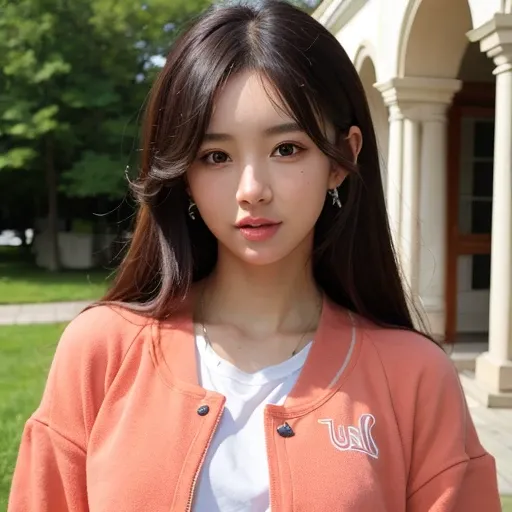 (goddess-like happiness:1.2), Kpop idol, Koean mix, (RAW photo:1.2), (photorealistic:1.4), (masterpiece:1.3), (intricate details:1.2), delicate, beautiful detailed, (detailed eyes), (detailed facial features), ((varsity jacket with tshirt inside:1.5)), tall female, petite, small breasts, narrow waist, skin tight, (looking_at_viewer), from_front, big circle earrings, slim_legs, (skinny), (best quality:1.4), (ultra highres:1.2), cinema light, outdoors, (extreme detailed illustration), (lipgloss, eyelashes, best quality, ultra highres, depth of field, caustics, Broad lighting, natural shading, 85mm, f/1.4, ISO 200, 1/160s:0.75), <lora:TWbabe3:0.5>