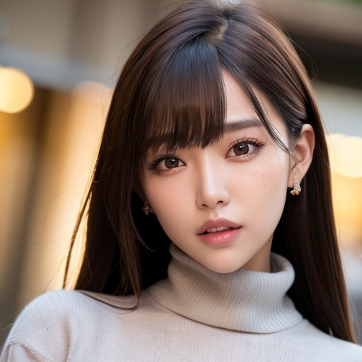 A close up of a woman with long hair wearing a turtle neck sweater ...