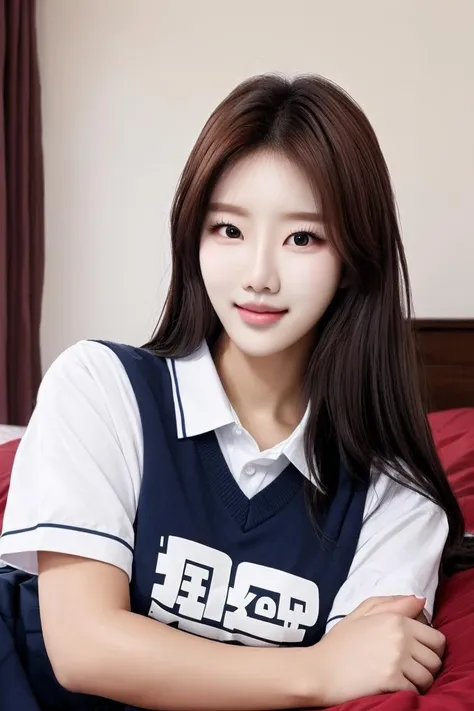 Kpop idol, laying on the bed, full body, school uniform, photorealistic, master piece, <lora:TWbabe10:0.65>,