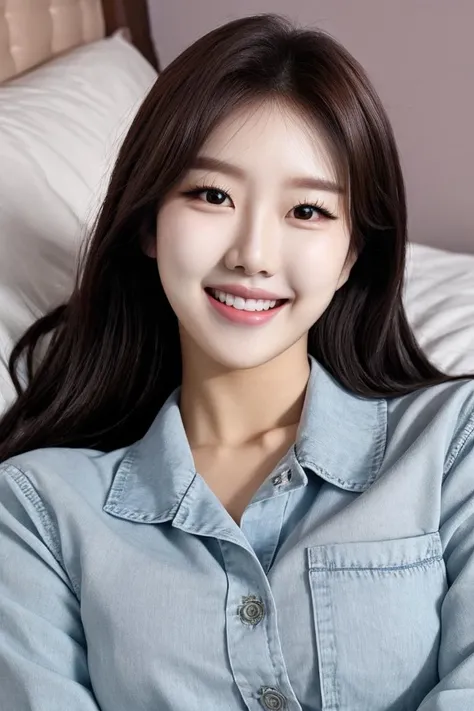 Kpop idol, laying on the bed, full body, school uniform, photorealistic, master piece, detailed face, happy smiling, <lora:TWbabe10:0.7>,