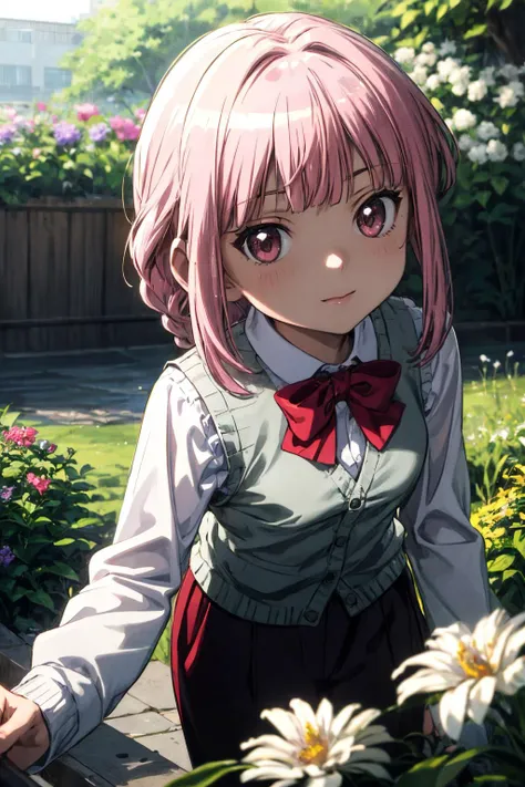 ((masterpiece), best quality, (((ultra detailed, 8k quality))), expressive eyes, perfect face, perfect anatomy, perfect body, scene, <lora:scene_:0.7>, <lora:more_details:0.7>, <lora:beautiful_detailed_eyes:0.5>,solo, 1girl, looking at viewer,, anime, anime coloring, <lora:iroha-madomagi-01:0.8>, iroha tamaki, white shirt, cardigan vest, bow, smile, garden , flower field, bent over