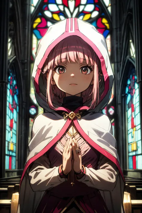 ((masterpiece), best quality, (((ultra detailed, 8k quality))), expressive eyes, perfect face, perfect anatomy, perfect body, scene, <lora:scene_:0.7>, <lora:more_details:0.7>, <lora:beautiful_detailed_eyes:0.5>,solo, 1girl, looking at viewer, <lora:iroha-madomagi-01:0.8>, iroha tamaki, magical girl, hooded cloak, hood up, smile,  (depth ffield, bokeh, UHD, HDR, highres, ultra detailed, intricate details,  absurdres, 8k:1.2), (perfect anatomy), indoor, church, praying, indoors, church, stained glass, window, sunlight