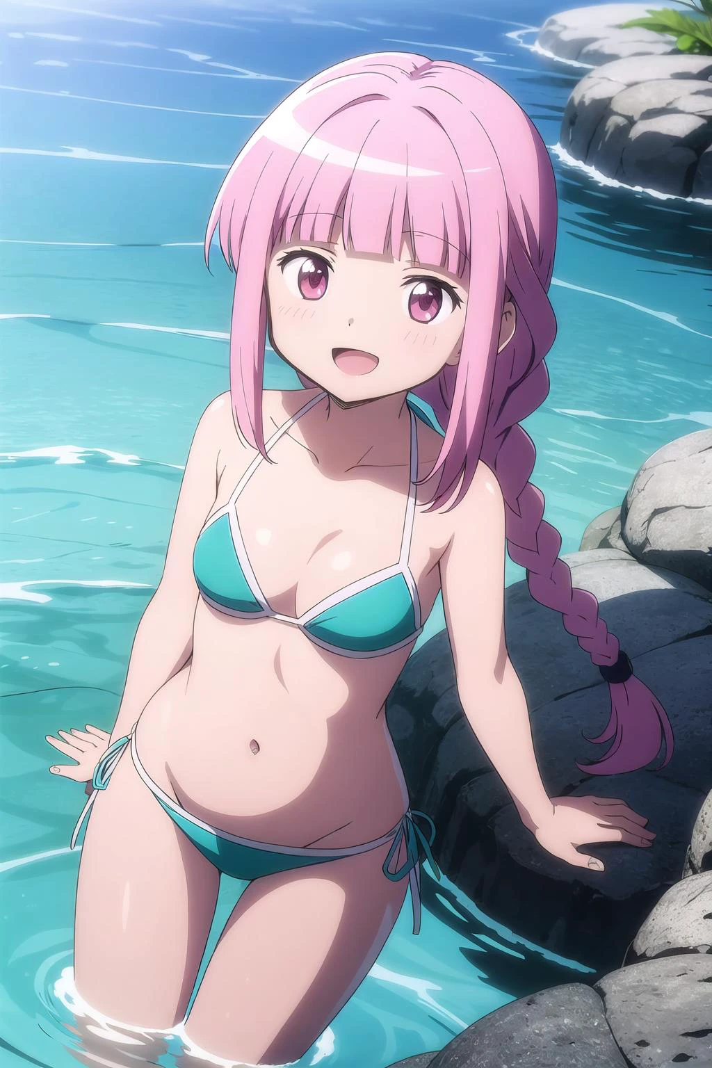 1girl, solo, masterpiece, best quality,
<lora:iroha-madomagi:0.6>,
magia record: mahou shoujo madoka magica gaiden, iroha tamaki, tamaki iroha, pink eyes, tareme, pink hair, long hair, braid, frentch braid, half updo, braided ponytail, blunt bangs, hair intakes, blunt ends, sidelocks, bikini, skindentation, collarbone, bare arms, cleavage, (aqua bikini:1.2), medium breasts, navel, thigh gap, bare legs, breasts,
cowboy shot, leaning forward, v arms, from above, looking up, looking at viewer,
blush, smile, :d, open mouth,
outdoors, ocean, partially submerged