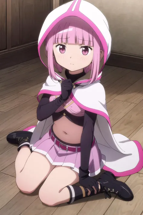 1girl, solo, masterpiece, best quality,
<lora:iroha-madomagi:0.8>,
hood, hood up, bodystocking, gloves, black gloves, magia record: mahou shoujo madoka magica gaiden, iroha tamaki, tamaki iroha, pink eyes, tareme, pink hair, long hair, braid, frentch braid, half updo, braided ponytail, blunt bangs, hair intakes, blunt ends, sidelocks, magical girl, cloak, white cloak, hooded cloak, medium breasts, covered navel, belt, pink belt, skirt, pink skirt, miniskirt, pleated skirt, boots, black footwear, cross-laced footwear, breasts,
wariza, sitting, hands on lap, from above, looking up, looking at viewer,
blush, nose blush, embarrassed,
indoors, wooden floor