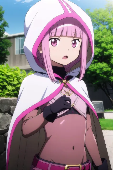 1girl, solo, masterpiece, best quality, 
<lora:iroha-madomagi:0.8>,
hood, hood up, bodystocking, gloves, black gloves, magia record: mahou shoujo madoka magica gaiden, iroha tamaki, tamaki iroha, pink eyes, tareme, pink hair, long hair, braid, frentch braid, half updo, braided ponytail, blunt bangs, hair intakes, blunt ends, sidelocks, magical girl, cloak, white cloak, hooded cloak, medium breasts, covered navel,
,
upper body, looking at viewer,
blush, surprised, :o, open mouth, !,
outdoors, garden