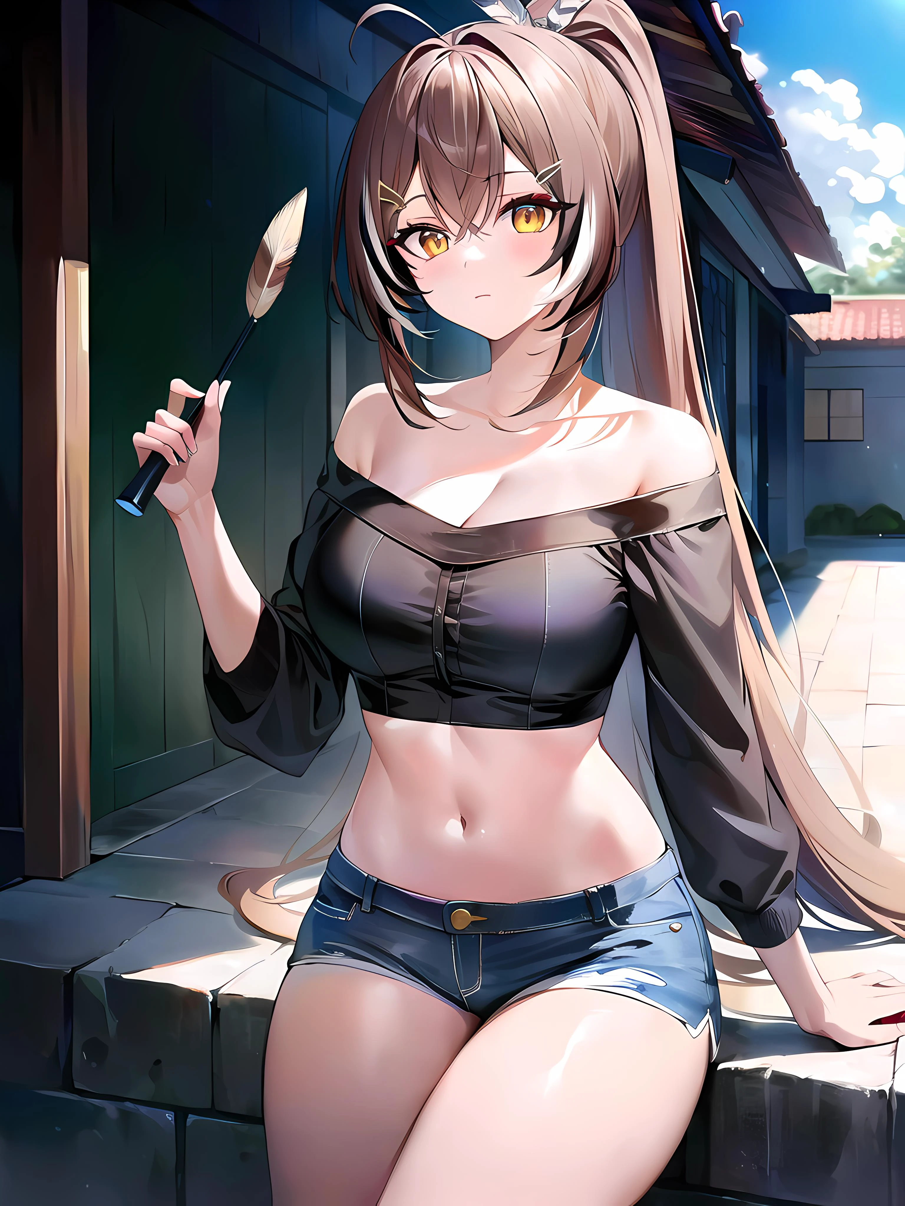 (masterpiece:1.3), (absurdres:1.3), (best quality:1.3), (8K), (large masterpiece digital art), (detailed manga illustration), (handled hair), pureerosface_v1, perfect anatomy, (sharp eyeliner, eyeshadow, detailed eyes:1.1), (intricate details:1.3), (ultra-detailed:1.3), (illustration:1.3), (sharp focus:1.3), (natural lighting:1.05), (vivid colors:1.3), BREAK <lora:nanashiMumeiLora_v1:0.6>, NANASHI MUMEI, PONYTAIL, (yellow eyes, glowing eyes,) (brown hair, VERY LONG HAIR), (black AND white streaked hair), HAIRCLIP, FEATHERS, large breasts, clevage, off shoulder, brown sweater, midriff, shorts
BREAK outdoors, residential area, housing, lamppost, empty lot,