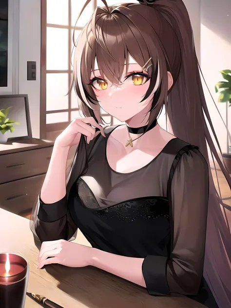 (masterpiece:1.3), (absurdres:1.3), (best quality:1.3), hand of Guido Daniele, (ultra-detailed:1.3),(best shadow:0.7), (handled hair), (sharp eyeliner, eyeshadow, detailed eyes:1.1), perfect anatomy,
BREAK <lora:nanashiMumeiLora_v1:0.7>,NANASHI MUMEI, large breasts, (black shirt, see-through, see-through shirt, long sleeves), (yellow eyes, glowing eyes,) (brown hair, ponytail, VERY LONG HAIR), (streaked hair, black hair, white hair), HAIRCLIP, FEATHERS, black choker, upper body, sitting,
BREAK indoors, living_room