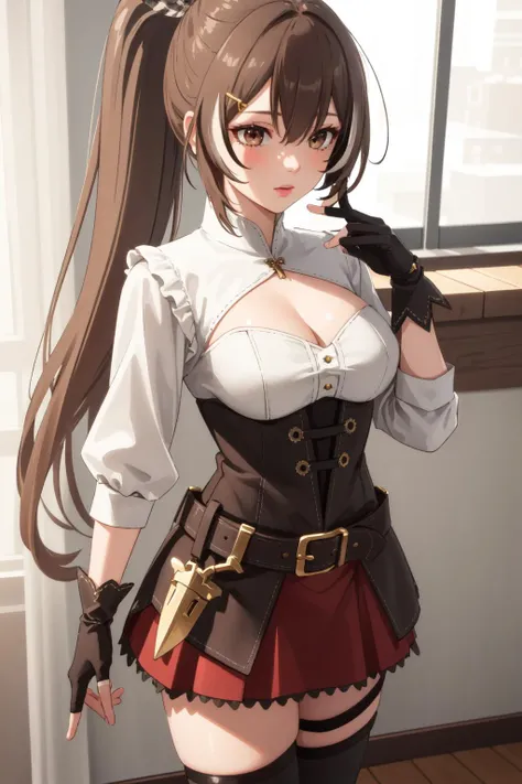 (masterpiece, best quality),  intricate details, [realistic], [3d], (3dcg), ((octane render)), [fisheye]
1girl,   <lora:nanashiMumeiLora_v1:0.8> nanashi mumei, shirt, corset, cleavage cutout, red skirt, single thighhigh, cloak, ribbon, ponytail, very long hair, hairclip, feathers, knife, belt, partially fingerless gloves,