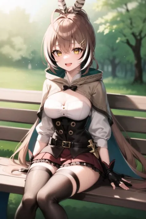 2d, masterpiece, best quality, anime, highly detailed face, highly detailed eyes, highly detailed background, perfect lighting, full body, 1girl, solo, nanashi mumei, sitting, park bench, tree, (from side:0.7), shirt, corset, cleavage cutout, cloak, ribbon, single thighhigh, red skirt, knife, belt, partially fingerless gloves, hairclip, feathers, ponytail, very long hair, :d <lora:mumei-09:1>