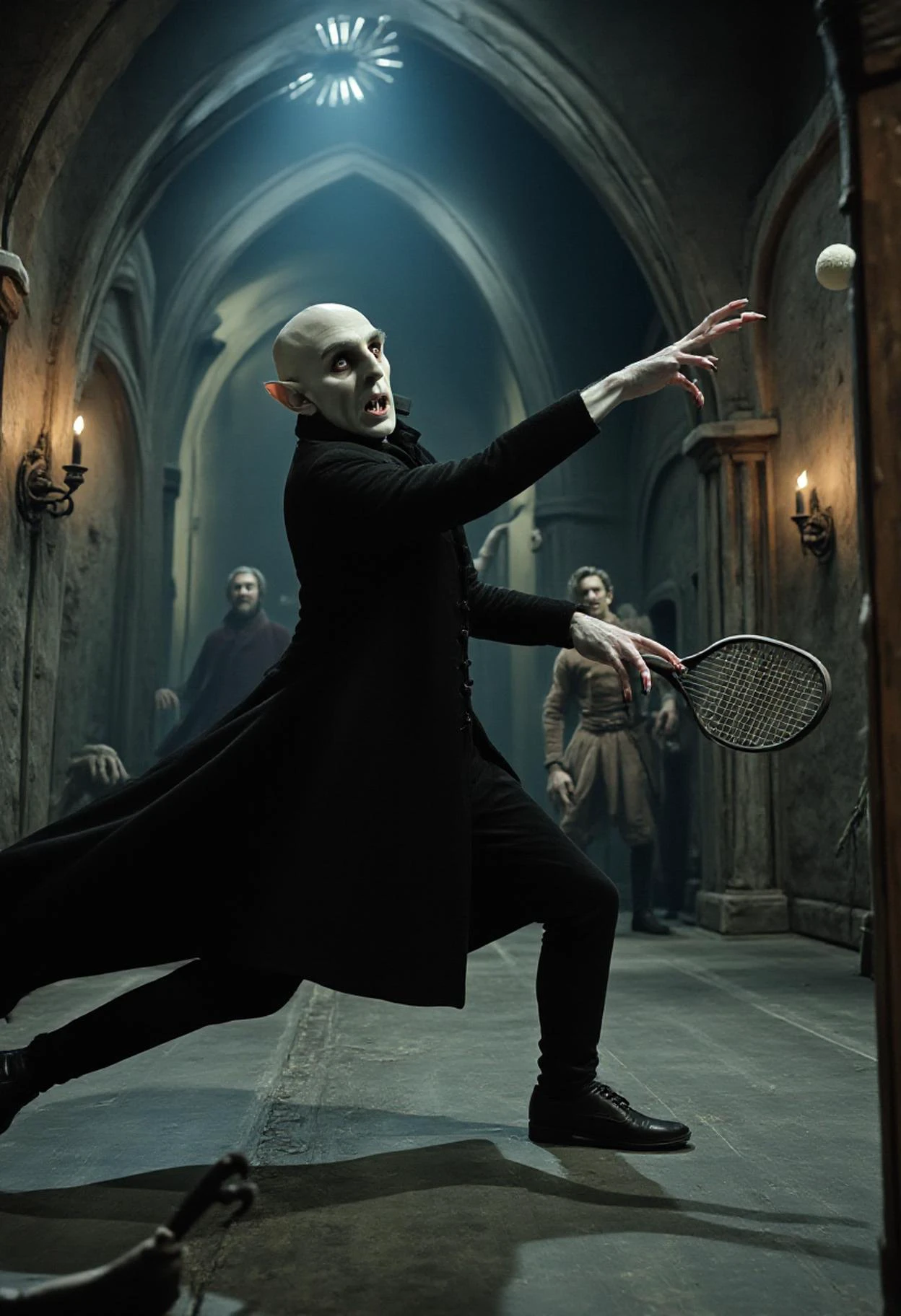 In a dimly lit, gothic squash court with towering stone walls and flickering torches casting eerie shadows, Nosferatu, the pale, gaunt vampire with long, spindly fingers and bat-like ears, is locked in an absurdly intense squash match against Igor, his hunchbacked assistant. Nosferatu's flowing black cloak billows behind him as he lunges dramatically for the ball, his fangs bared in concentration. Igor, with a crooked smile, smashes the ball back with surprising agility, his ragged clothes flapping as he darts across the court. The whole scene is filled with an absurd mix of seriousness and comedy, as the unlikely duo take the game far too seriously, despite the ridiculousness of the situation.