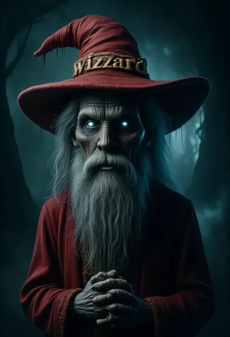 a wizard, with a large red hat, evokes the reflected sound of underground spirits. on the hat the golden text 'WizZard' .DonMV00d00FX