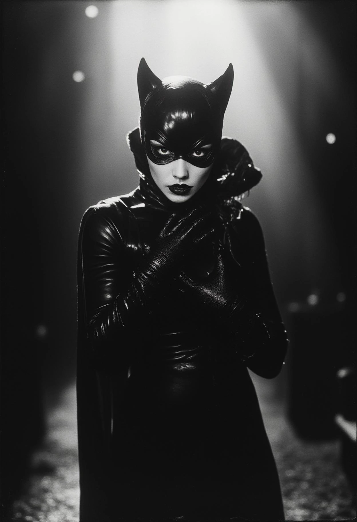 ArsMovieStill, 20s Silent Movie Still. The scene is a dramatic portrayal of Catwoman, (dressed in her iconic black leather suit), but the image is rendered in stark black and white, reminiscent of a 1920s silent film. She stands in a dimly lit alley, her eyes wide with sorrow and regret. Her pose is theatricalâone hand clutching her chest as if in emotional pain, while the other reaches out as if to grasp something just out of reach. The shadows around her form sharp contrasts, highlighting the contours of her suit and her expressive face, with her lips parted as if in a silent scream. Her posture suggests a tragic defeat, a moment of vulnerability frozen in time. Behind her, the backdrop of a vintage city skyline fades into darkness, amplifying the silent movie atmosphere, with faint film grain visible across the scene.