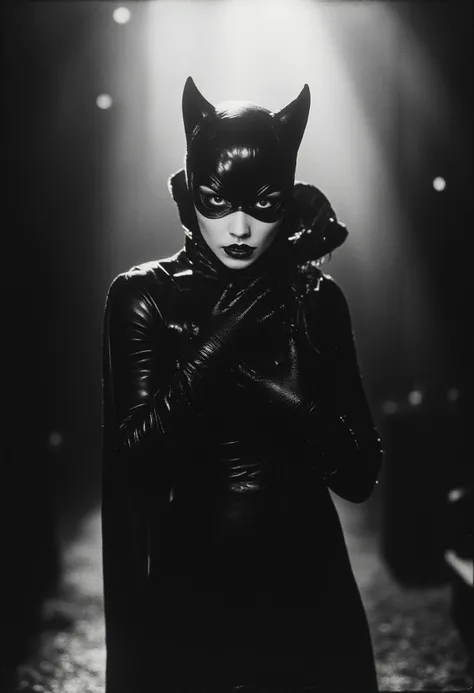 ArsMovieStill, 20s Silent Movie Still. The scene is a dramatic portrayal of Catwoman, (dressed in her iconic black leather suit), but the image is rendered in stark black and white, reminiscent of a 1920s silent film. She stands in a dimly lit alley, her eyes wide with sorrow and regret. Her pose is theatricalâone hand clutching her chest as if in emotional pain, while the other reaches out as if to grasp something just out of reach. The shadows around her form sharp contrasts, highlighting the contours of her suit and her expressive face, with her lips parted as if in a silent scream. Her posture suggests a tragic defeat, a moment of vulnerability frozen in time. Behind her, the backdrop of a vintage city skyline fades into darkness, amplifying the silent movie atmosphere, with faint film grain visible across the scene.