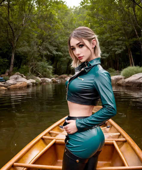 cinematic photo , realistic, style raw, <lora:quiron_LunaLove_v4_lora:0.97> LunaLoveQuiron person, a woman Dressed in the (style of Romanticism Scribe leather outfit Formal Teal Animal costume with Grimoire) (with Lush Oasis in the background ), Pretending to paddle a canoe, . 35mm photograph, film, bokeh, professional, 4k, highly detailed