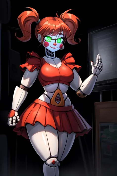 1girl, solo, (circus :1.2), (gynoid, robot, robot joints), white skin, large woman, red skirt, crop top, red hair, blush stickers, twintails, clown, small breasts, wide hips, thick thighs, (glowing eyes, green eyes:1.4), BREAK
masterpiece, best quality, illustration, sketch, walking forwards, crazy eyes, menacing, evil, seductive smile, dark theme, smug <lora:CircusBabyV1:1>, <lora:lowkey_v1.1:0.6>