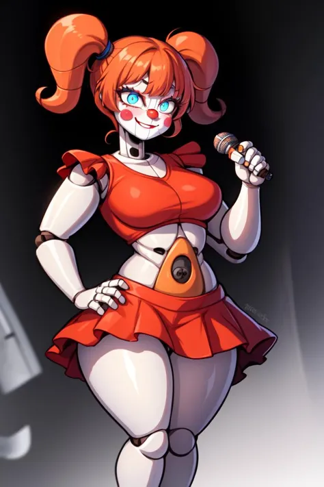 masterpiece, best quality, illustration, 1girl, solo, standing, circus , gynoid, robot, holding microphone, hand on hip, large woman, red dress, red hair, makeup, twintails, clown, white skin, glowing eyes, blue eyes, robot, small breasts, wide hips, thick thighs, lookin at viewer, seductive smile, smug, gradient background, black background, purple background, <lora:CircusBabyV1:1>