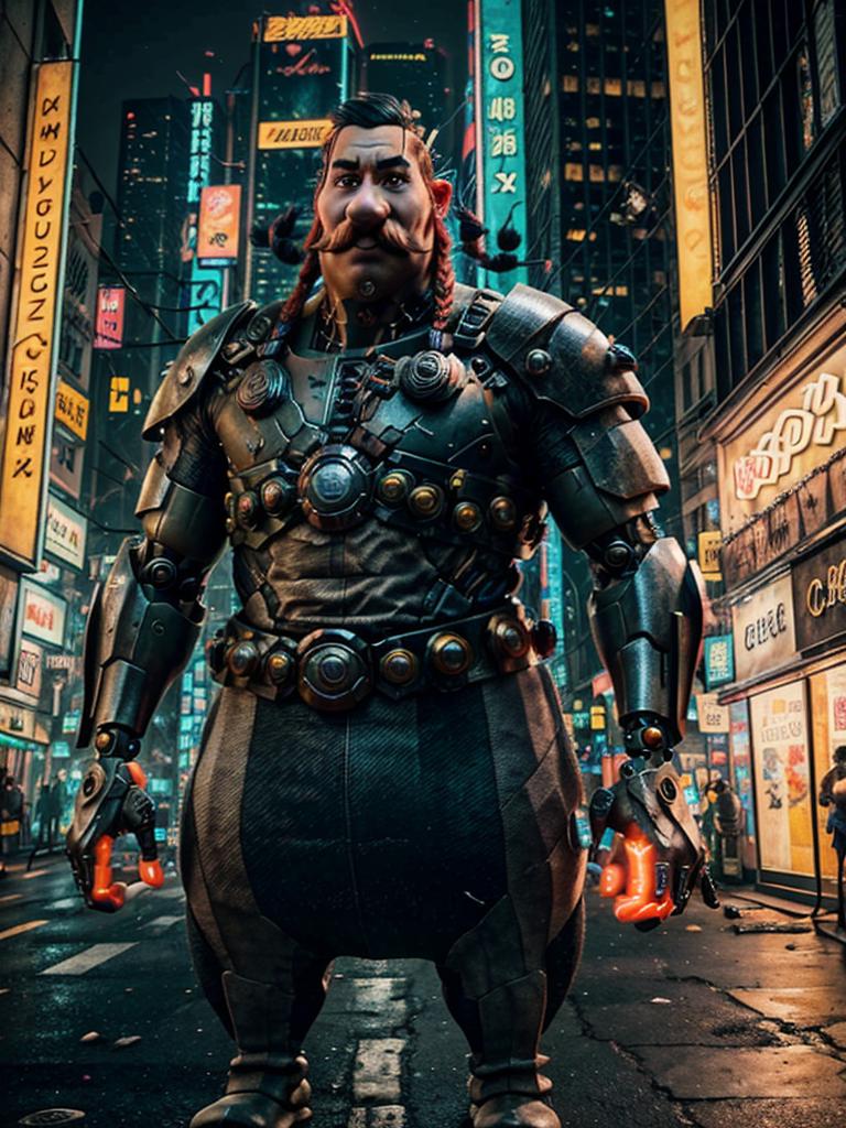A man in armor standing on a city street at night - SeaArt AI