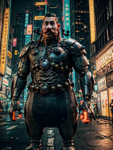 8k UHD, Photo by Nikon camera, masterpiece, (<lora:obelix1:1> 1man, Obelix, fat, mustache, twin braids, big nose, black eyes), man, male, cartoon, watching viewer, 8k unreal engine render, cyberpunk, tech armor, glowing armor, neon armor, power armor, glow, neon, mechanical parts, tech parts, cyborg, robot, technological city full of neons, cyberpunk city, neon city, glow, action shot, detailed eyes, very vivid lighting, detailed, (vibrant, photo realistic, realistic, dramatic, dark, sharp focus), <lora:Cyberpunk_style:0.8> Cyberpunk Style, <lora:add_detail:0.8>, <lora:hotarublurbk_v100:-1>